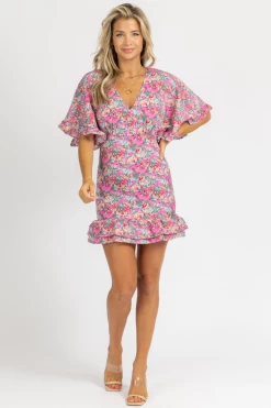 LENA BLUE + PINK FLORAL RUFFLED MINI DRESS BEST SELLERS