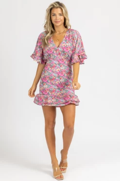 LENA BLUE + PINK FLORAL RUFFLED MINI DRESS BEST SELLERS