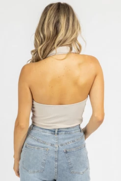 BAILEY ROSE LIGHT TAUPE COLLARED HALTER TANK