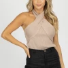 TREND SHOP LIGHT TAUPE KNIT CROSSNECK HALTER TOP *BACK IN STOCK* NEW ARRIVALS