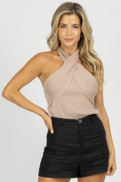 TREND SHOP LIGHT TAUPE KNIT CROSSNECK HALTER TOP *BACK IN STOCK* NEW ARRIVALS