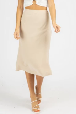 SHE & SKY TAUPE LINED HIGH RISE MIDI SKIRT *BACK IN STOCK*