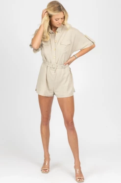 MABLE LIGHT TAUPE SQUARE BELT WOVEN ROMPER