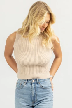 SHE & SKY LIGHT TAUPE MOCK NECK KNIT TANK