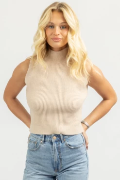 SHE & SKY LIGHT TAUPE MOCK NECK KNIT TANK