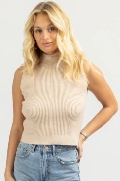 SHE & SKY LIGHT TAUPE MOCK NECK KNIT TANK