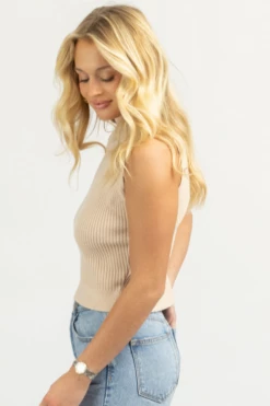 SHE & SKY LIGHT TAUPE MOCK NECK KNIT TANK