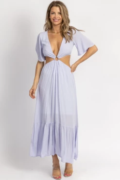 MADE WITH LOVE LILAC O-RING FLUTTER SLEEVE MAXI DRESS