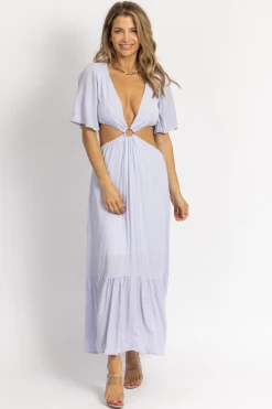 MADE WITH LOVE LILAC O-RING FLUTTER SLEEVE MAXI DRESS