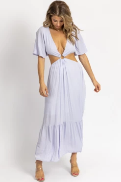 MADE WITH LOVE LILAC O-RING FLUTTER SLEEVE MAXI DRESS