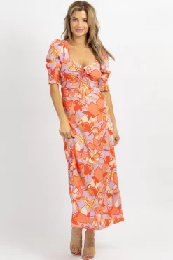 OLIVACEOUS NEW ARRIVALS LILAC + CORAL FLORAL HALF-SLEEVE MAXI DRESS