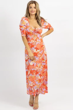 OLIVACEOUS NEW ARRIVALS LILAC + CORAL FLORAL HALF-SLEEVE MAXI DRESS
