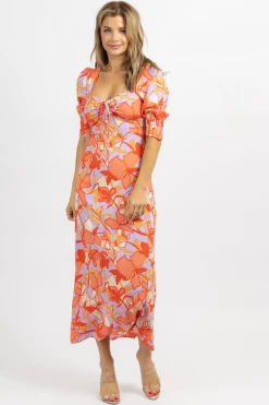 OLIVACEOUS NEW ARRIVALS LILAC + CORAL FLORAL HALF-SLEEVE MAXI DRESS