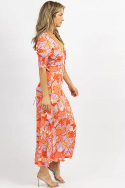OLIVACEOUS NEW ARRIVALS LILAC + CORAL FLORAL HALF-SLEEVE MAXI DRESS