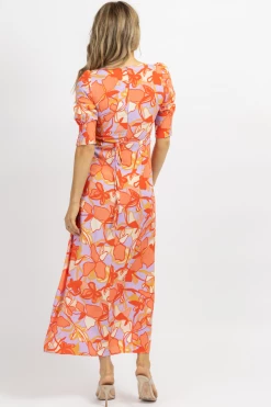 OLIVACEOUS NEW ARRIVALS LILAC + CORAL FLORAL HALF-SLEEVE MAXI DRESS
