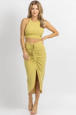 MABLE NEW ARRIVALS LIME BACKLESS HALTERNECK RUCHED SKIRT SET