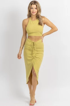 MABLE NEW ARRIVALS LIME BACKLESS HALTERNECK RUCHED SKIRT SET