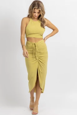 MABLE NEW ARRIVALS LIME BACKLESS HALTERNECK RUCHED SKIRT SET