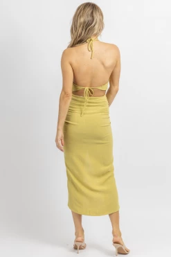 MABLE NEW ARRIVALS LIME BACKLESS HALTERNECK RUCHED SKIRT SET
