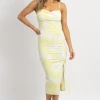 FORE COLLECTION NEW ARRIVALS WHITE + BRIGHT YELLOW FLORAL RUCHED MIDI DRESS