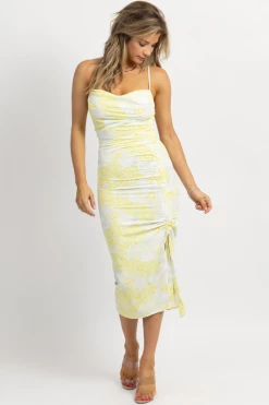 FORE COLLECTION NEW ARRIVALS WHITE + BRIGHT YELLOW FLORAL RUCHED MIDI DRESS