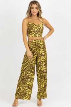 ENDLESS BLU NEW ARRIVALS LIME + BROWN ZEBRA WIDE LEG PANT SET