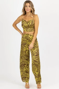 ENDLESS BLU NEW ARRIVALS LIME + BROWN ZEBRA WIDE LEG PANT SET