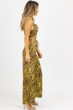 ENDLESS BLU NEW ARRIVALS LIME + BROWN ZEBRA WIDE LEG PANT SET