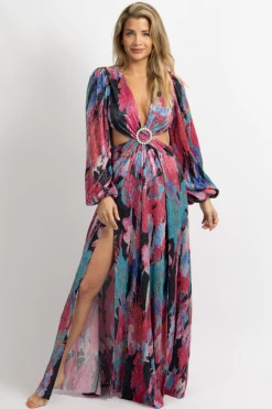 LUXXEL NEW ARRIVALS MAGENTA MULTI-METALLIC CUTOUT MAXI DRESS *BACK IN STOCK*