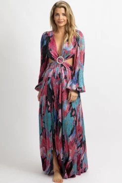 LUXXEL NEW ARRIVALS MAGENTA MULTI-METALLIC CUTOUT MAXI DRESS *BACK IN STOCK*