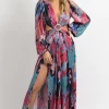 LUXXEL NEW ARRIVALS MAGENTA MULTI-METALLIC CUTOUT MAXI DRESS *BACK IN STOCK*