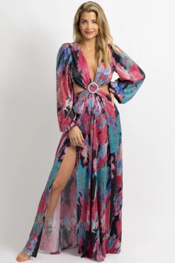 LUXXEL NEW ARRIVALS MAGENTA MULTI-METALLIC CUTOUT MAXI DRESS *BACK IN STOCK*