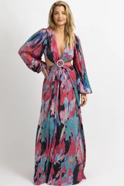 LUXXEL NEW ARRIVALS MAGENTA MULTI-METALLIC CUTOUT MAXI DRESS *BACK IN STOCK*