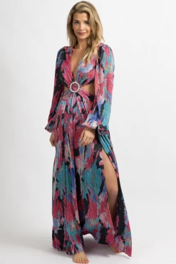 LUXXEL NEW ARRIVALS MAGENTA MULTI-METALLIC CUTOUT MAXI DRESS *BACK IN STOCK*