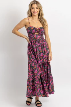 FORE COLLECTION NEW ARRIVALS POPPY PRINT O-RING RUFFLE MAXI DRESS
