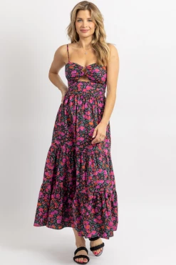 FORE COLLECTION NEW ARRIVALS POPPY PRINT O-RING RUFFLE MAXI DRESS