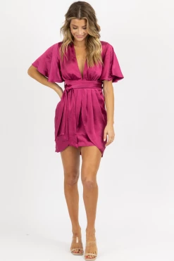LENA MAGENTA SATIN DOLMAN SLEEVE MINI DRESS