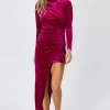 LENA MAGENTA VELVET RUCHED ASYMMETRICAL MIDI DRESS *BACK IN STOCK* NEW ARRIVALS