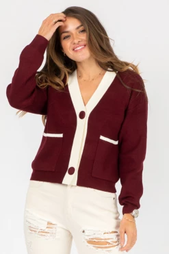 Q2 MAROON + IVORY POCKET CARDIGAN