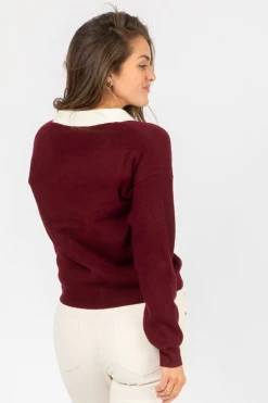 Q2 MAROON + IVORY POCKET CARDIGAN