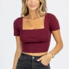 LE LIS MAROON SHORT SLEEVE KNIT TIE-BACK CROP