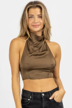 OLIVACEOUS MARTINI SILKY OPEN BACK CROP TOP NEW ARRIVALS