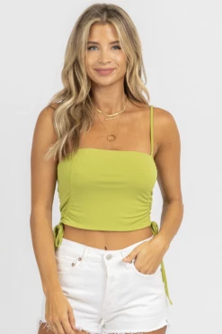 EMORY PARK MATCHA RUCHED TIE CROP TANK