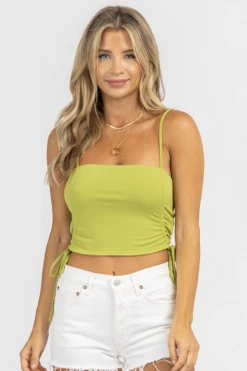 EMORY PARK MATCHA RUCHED TIE CROP TANK