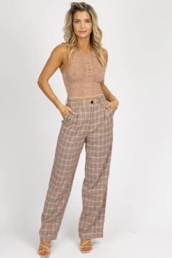 SANS SOUCI CLOTHING MAUVE PLAID PLEATED PANTS