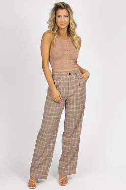SANS SOUCI CLOTHING MAUVE PLAID PLEATED PANTS