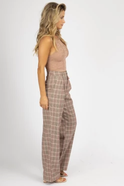 SANS SOUCI CLOTHING MAUVE PLAID PLEATED PANTS