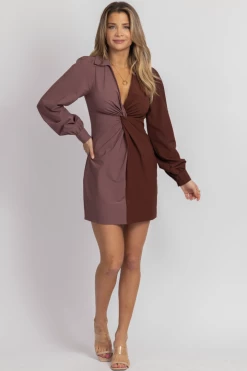 BLUE BLUSH NEW ARRIVALS MAUVE + WINE COLOR BLOCK COLLARED DRESS