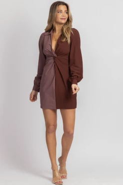 BLUE BLUSH NEW ARRIVALS MAUVE + WINE COLOR BLOCK COLLARED DRESS