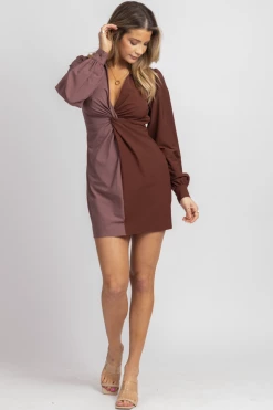 BLUE BLUSH NEW ARRIVALS MAUVE + WINE COLOR BLOCK COLLARED DRESS
